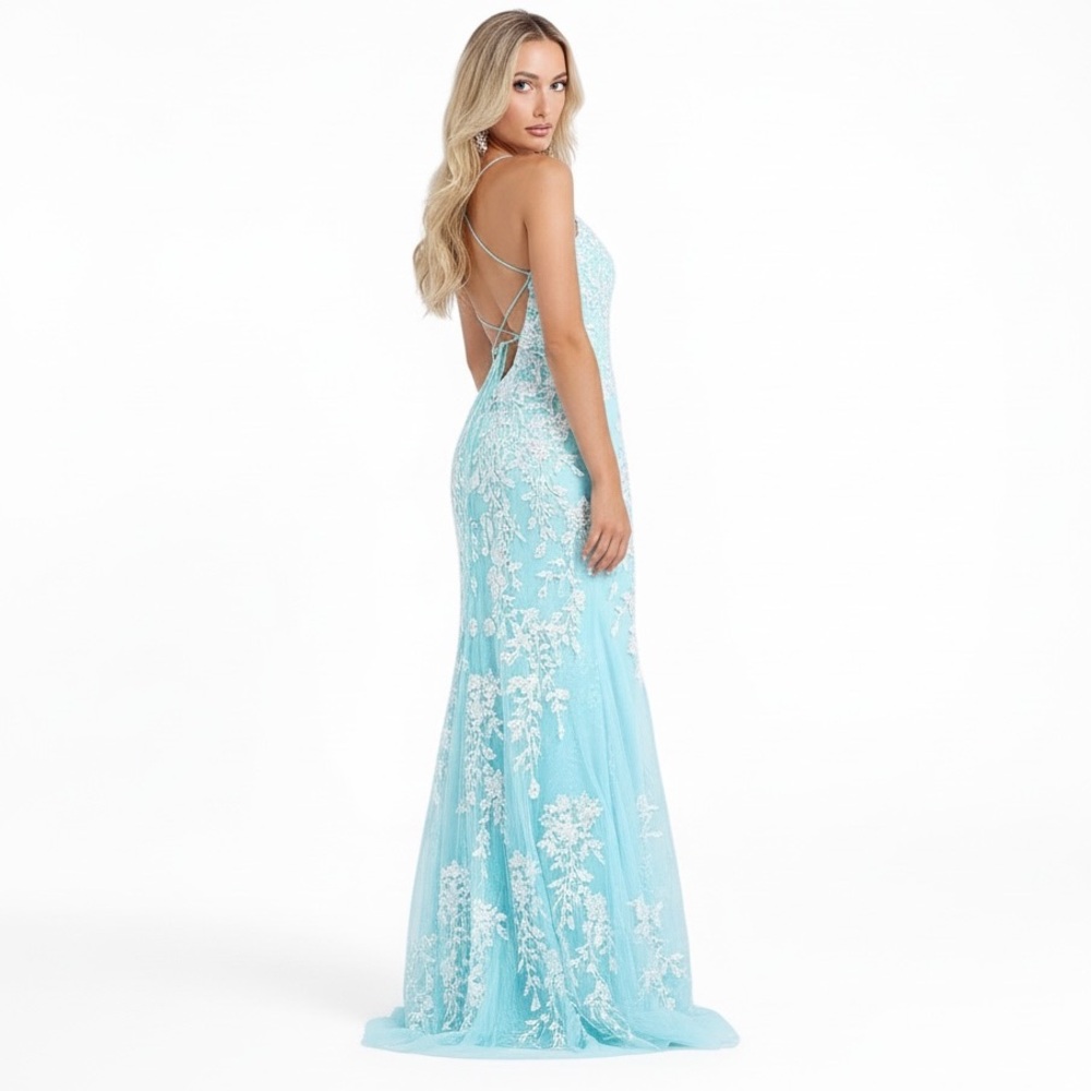 Jovani Turquoise Long Appliqued High Slit Sheath Gown NEW Size 4 Mermaid JVN - Picture 15 of 16